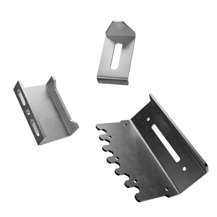 Three laser-cut and press-brake formed sheet metal brackets