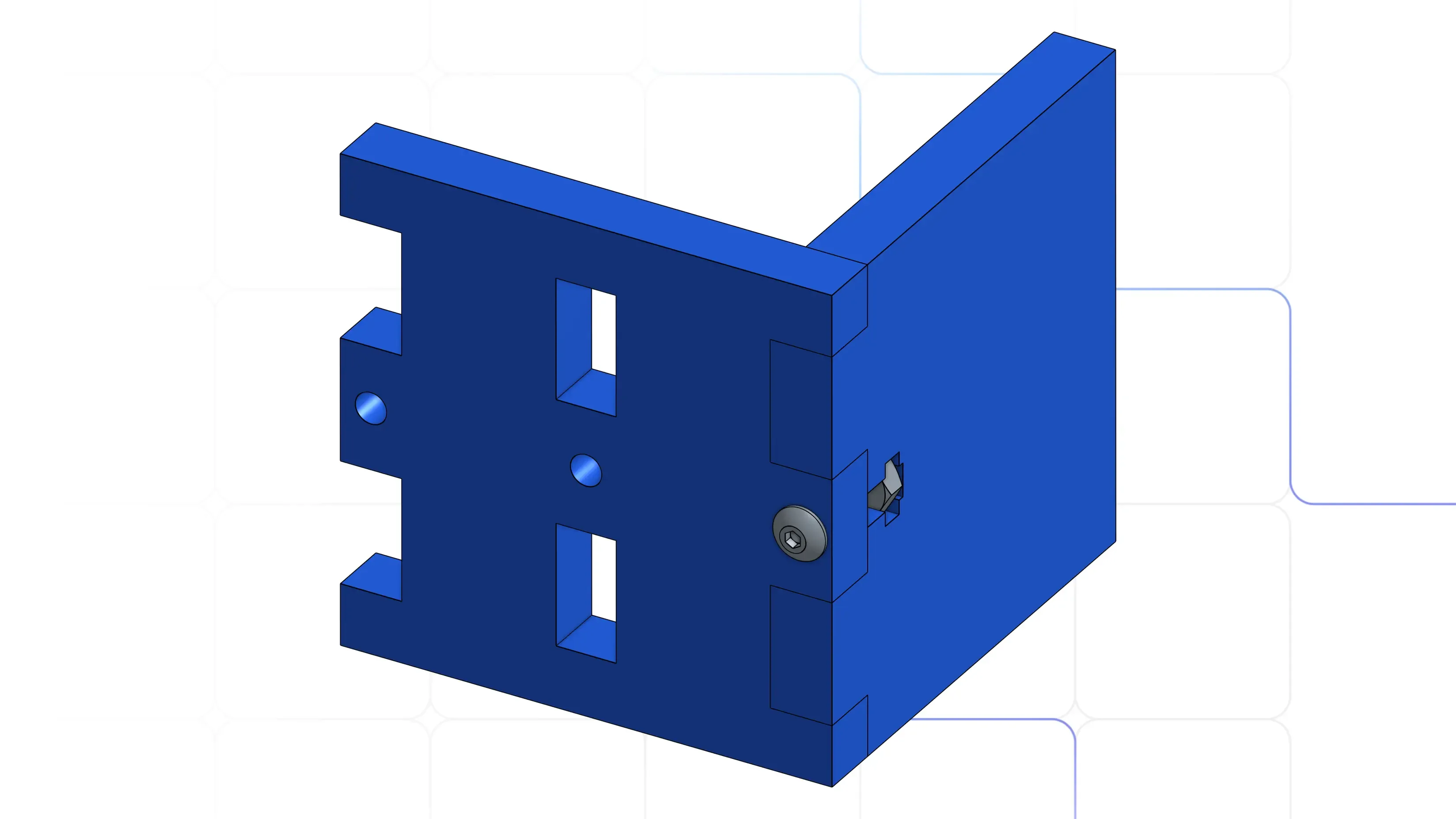 3D CAD rendering of a blue sheet metal bracket with a captive nut clip and slotted cutout