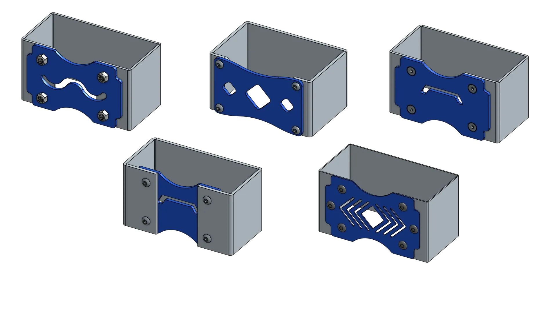 Five CAD renderings of blue sheet metal brackets with different fastener cutout styles