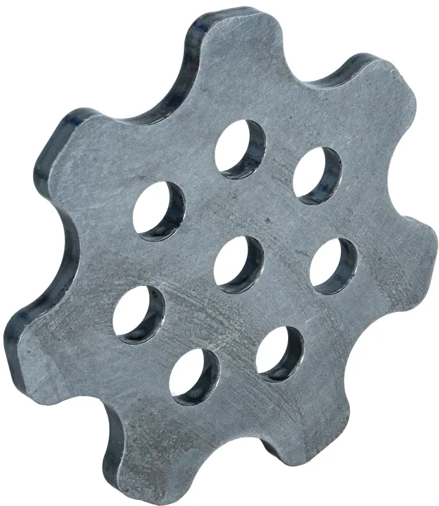 Three flat laser-cut steel plates with round and hex-shaped mounting holes