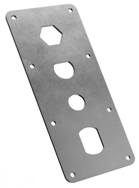 Single flat laser-cut steel plate with a hex cutout and three round holes