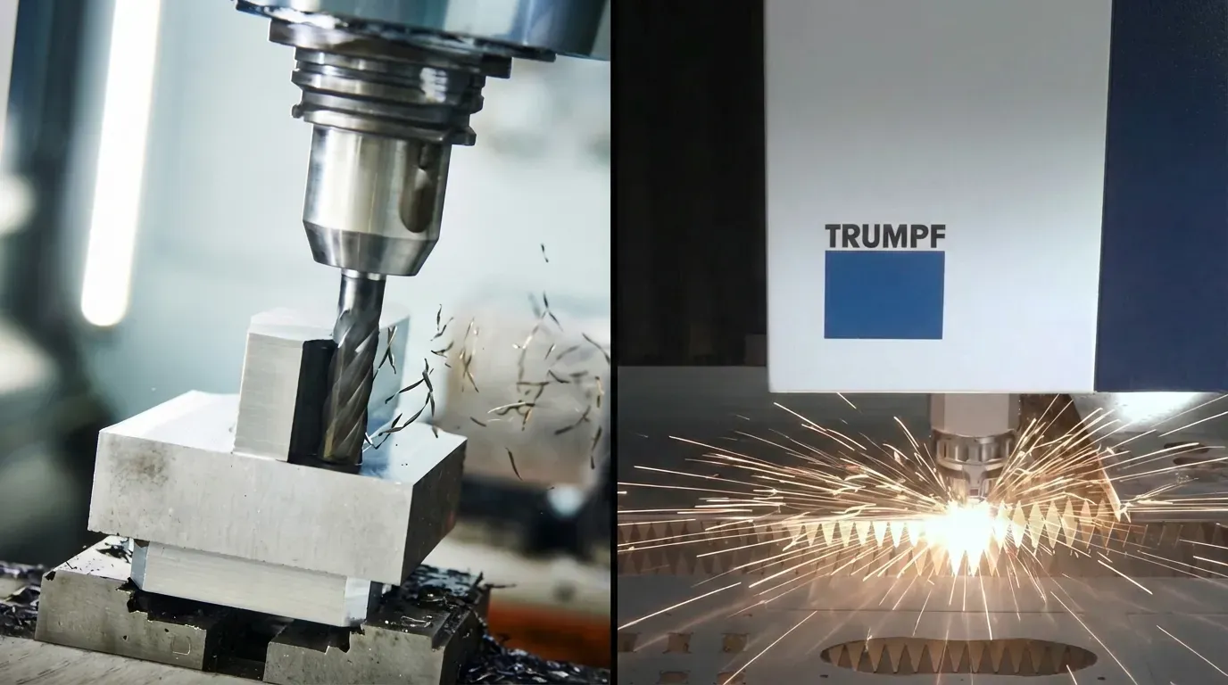 Split image comparing a CNC milling spindle drilling aluminum with a laser cutter cutting sheet metal