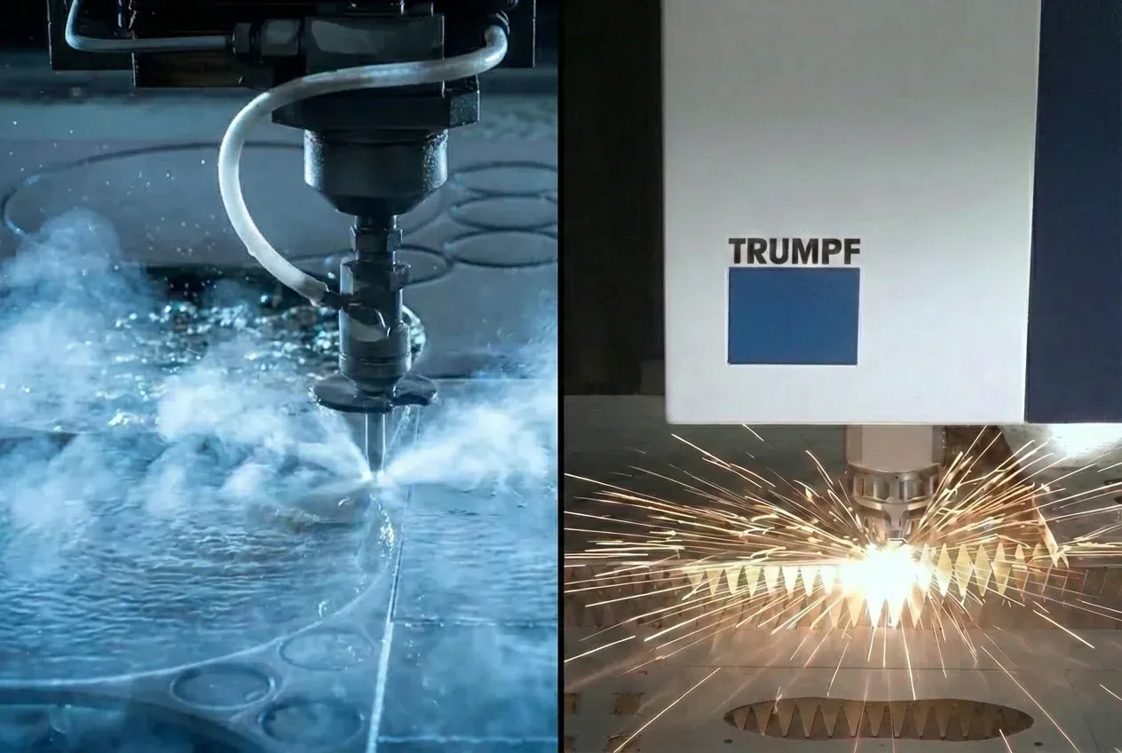 Split image comparing a waterjet cutting head with a laser cutter cutting sheet metal in sparks