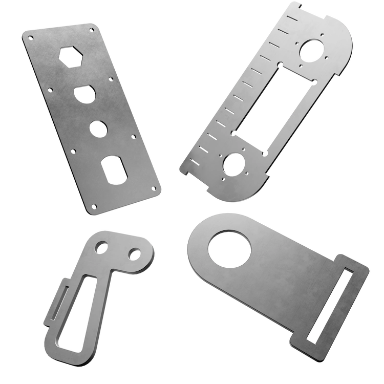 Four flat laser-cut steel parts including a hex-cutout plate, an oval-cutout plate, and two hook-shaped brackets