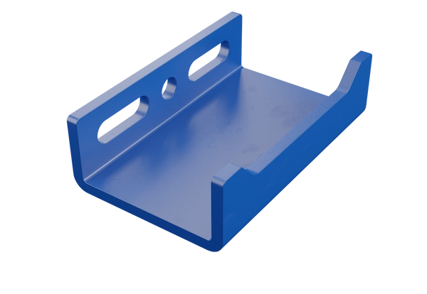 Blue powder-coated sheet metal channel bracket