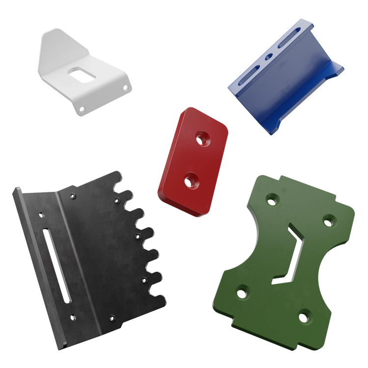 Five powder-coated sheet metal brackets in white, blue, red, black, and green finishes