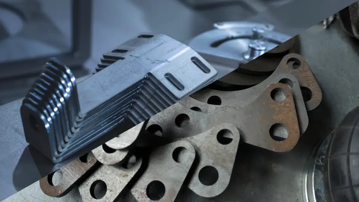 Split image of stacked aluminum formed brackets above rusted steel bracket parts