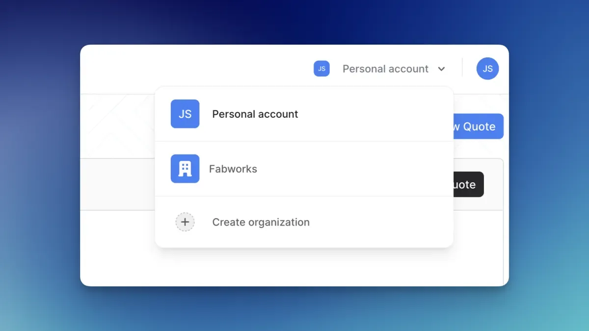 Fabworks account switcher dropdown showing personal and organization accounts