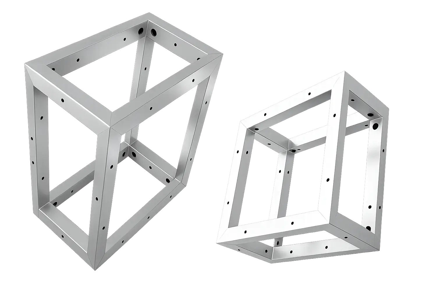 Two laser-cut aluminum tube cage frames with mounting holes