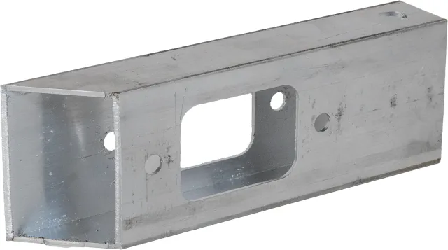 Laser-cut rectangular aluminum tube section with mounting holes and a keyed slot