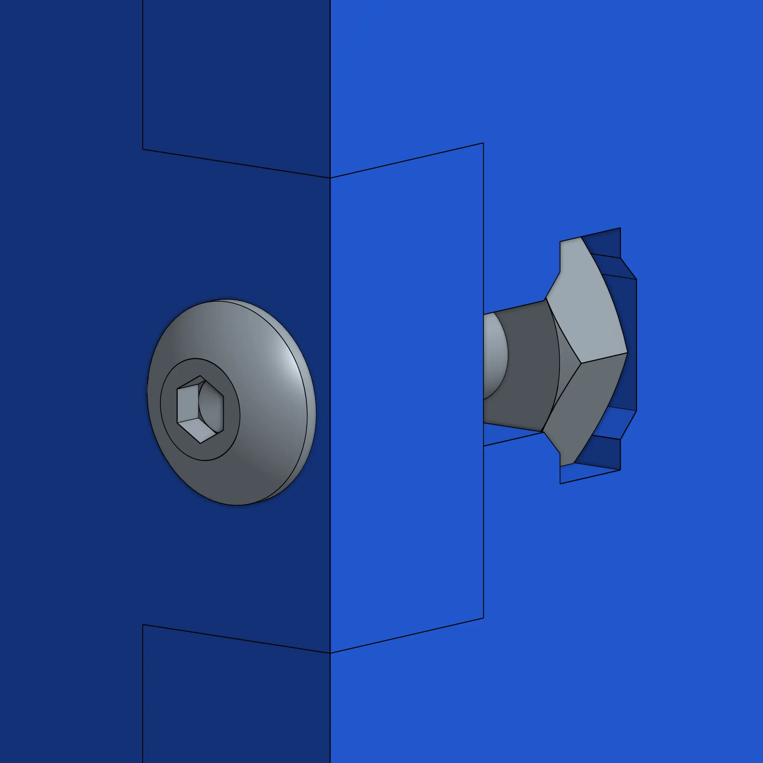 3D CAD rendering of a hex-socket bolt passing through a sheet metal corner joint