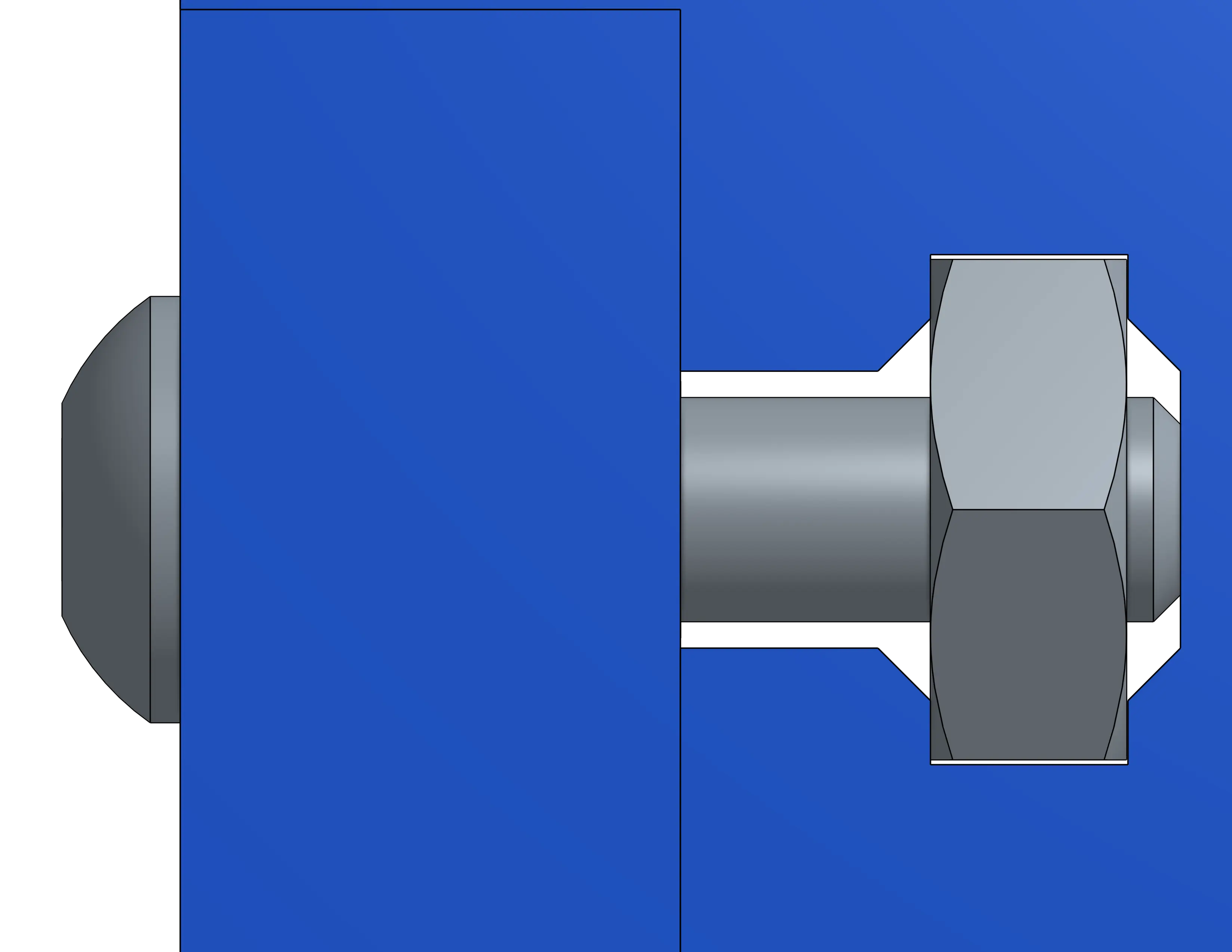 Cross-section CAD diagram of a bolt and hex nut fastening a sheet metal corner joint