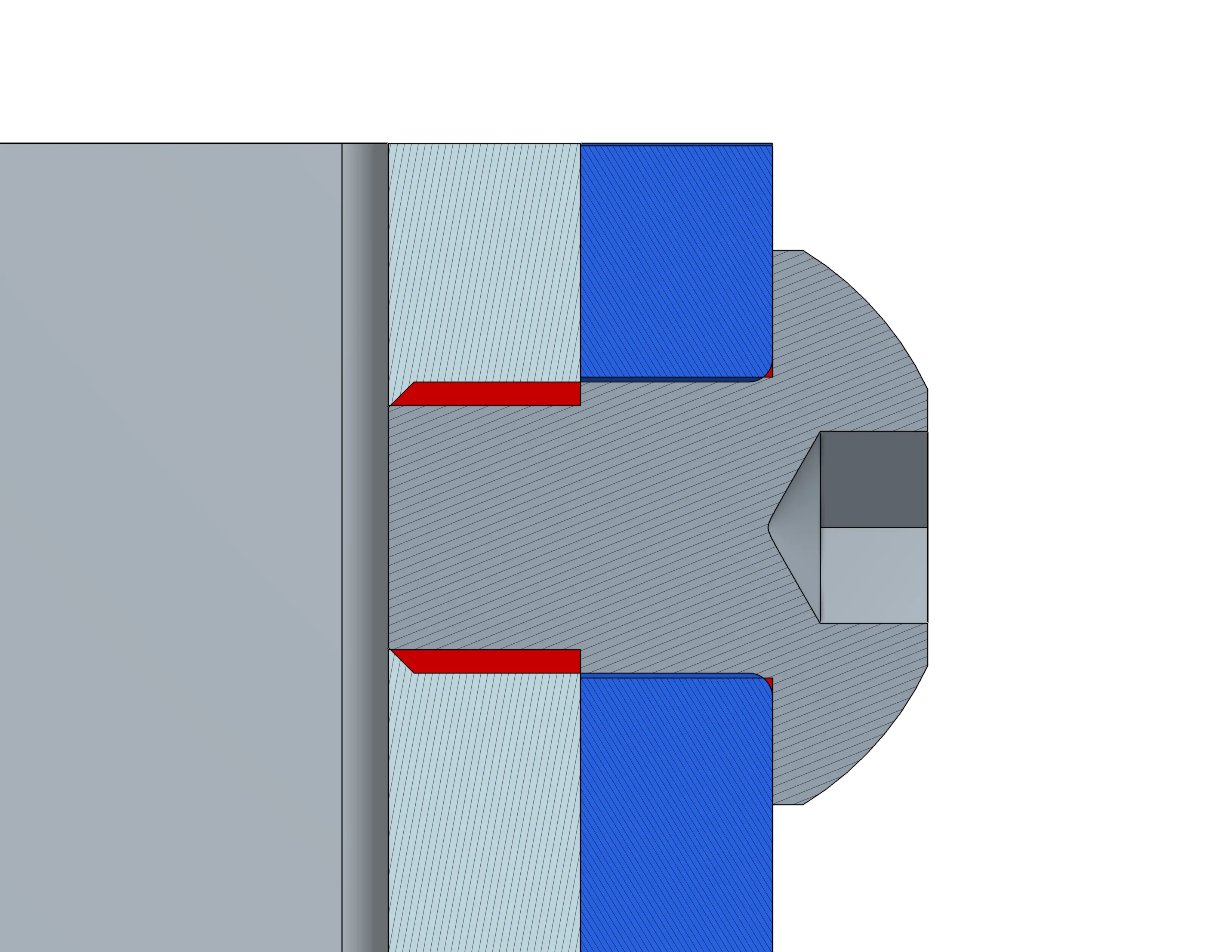 Cross-section CAD diagram of a screw engaging threads tapped directly into sheet metal, highlighted in red