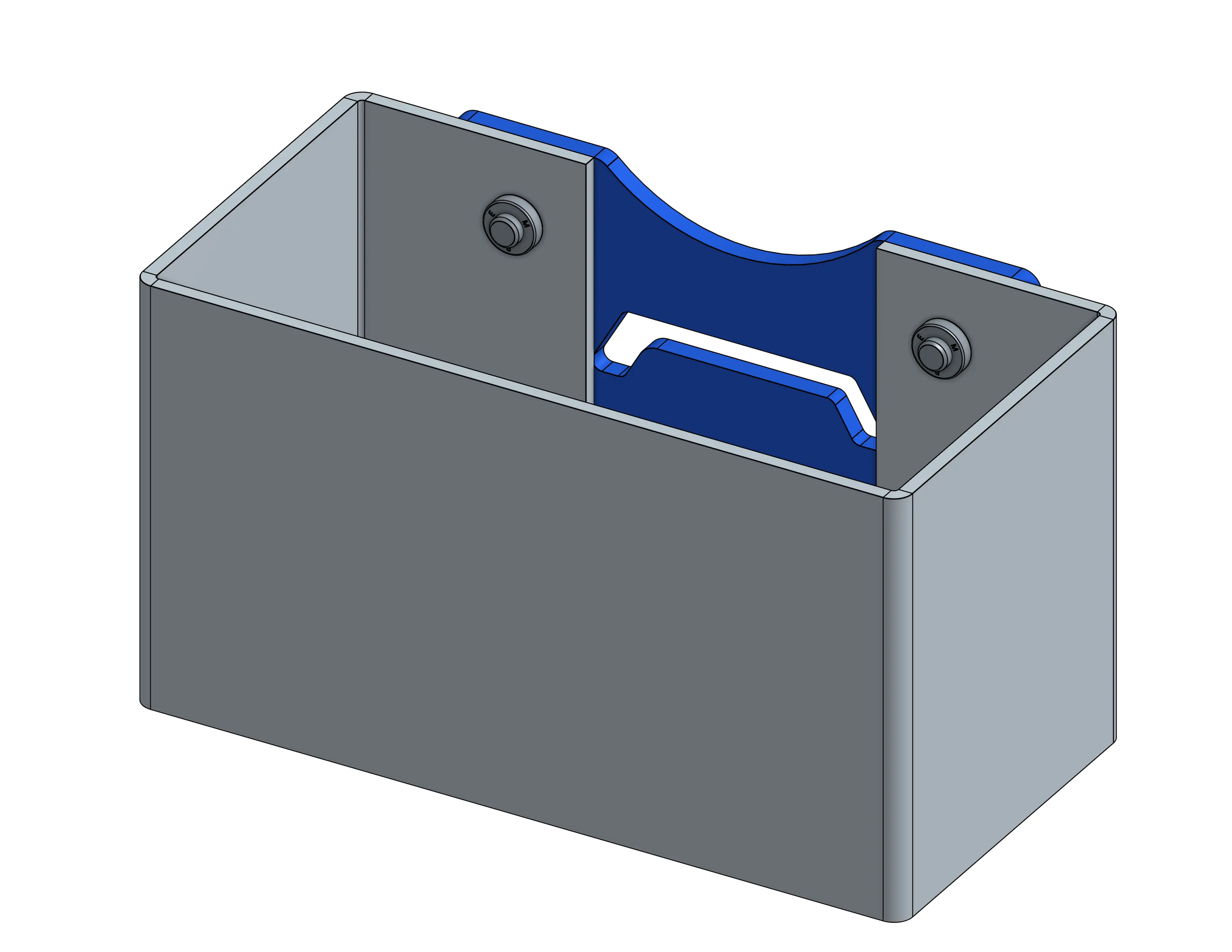 CAD rendering of two bolts fastened into press-fit PEM nuts in a sheet metal bracket
