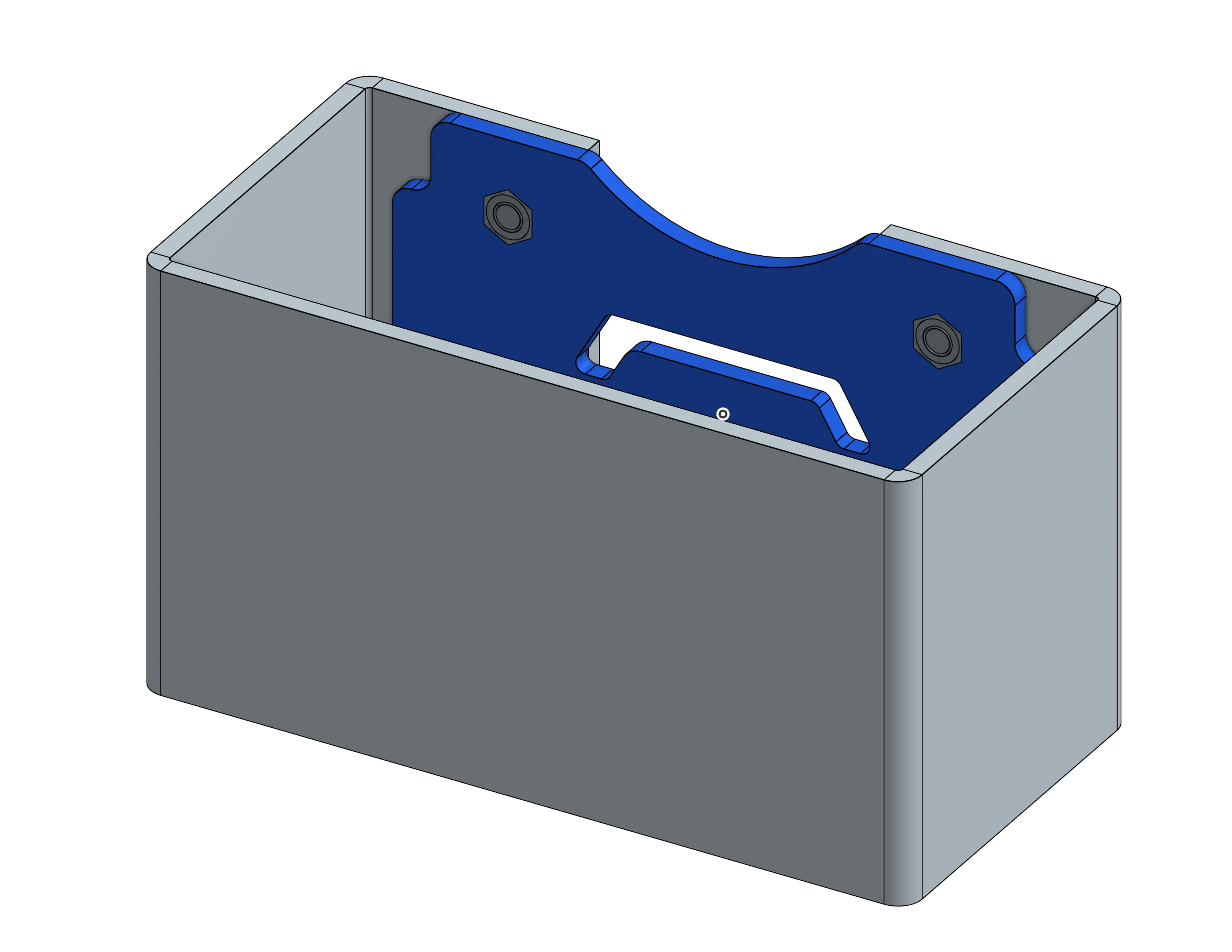CAD rendering of four bolts fastened through a threaded standoff spanning two sheet metal panels