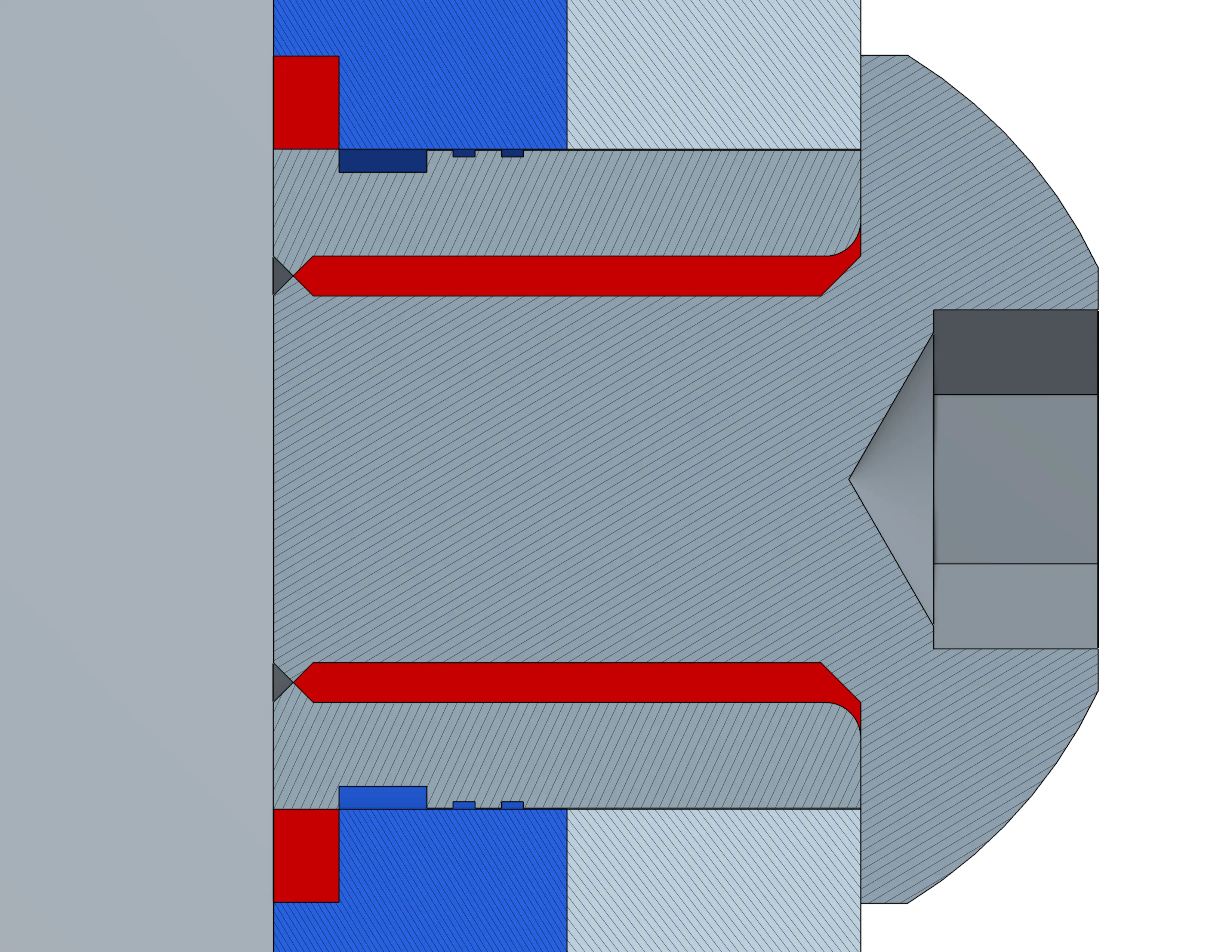 Cross-section CAD diagram of a threaded standoff spanning two sheet metal layers, highlighted in red