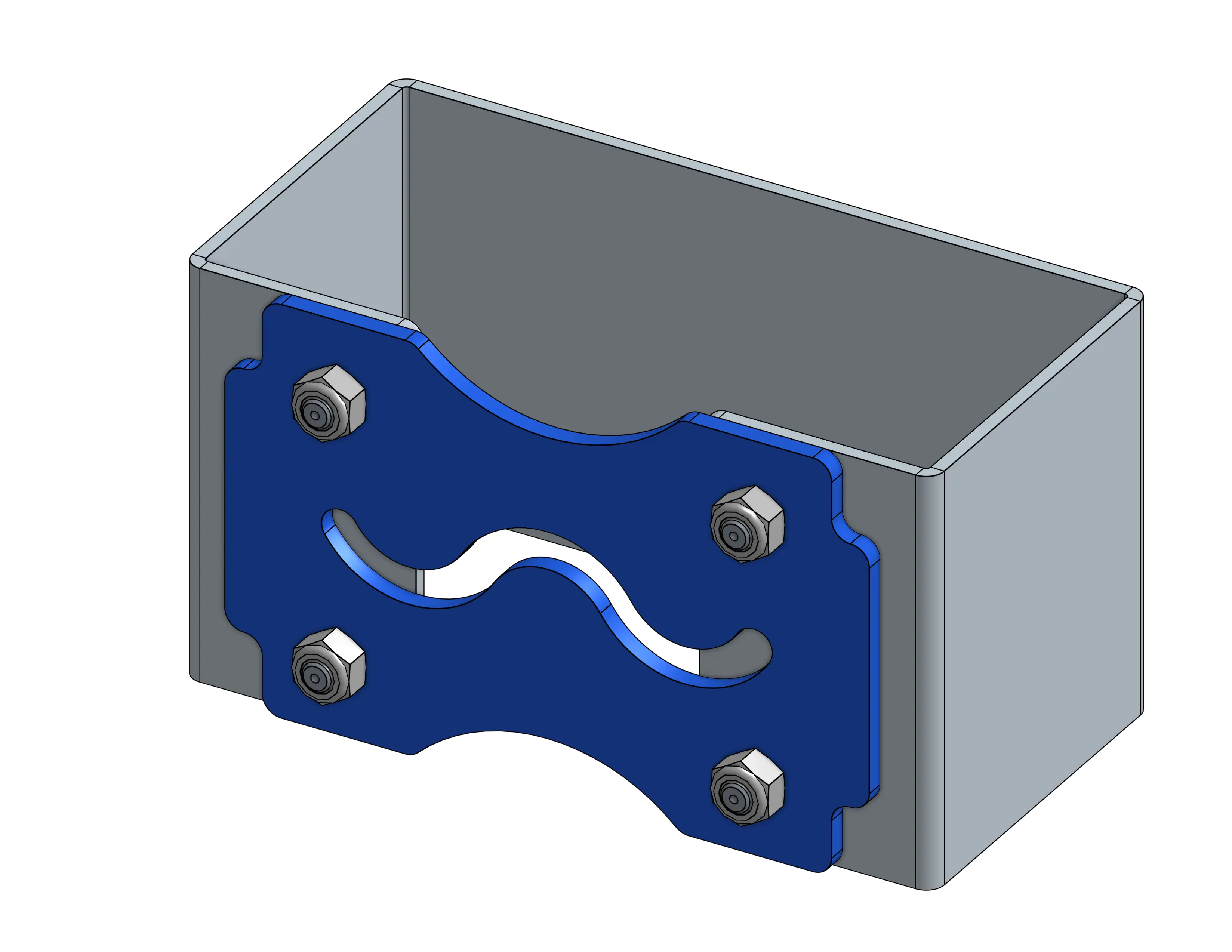 CAD rendering of a sheet metal bracket with six press-fit stud fasteners and a zigzag cutout pattern