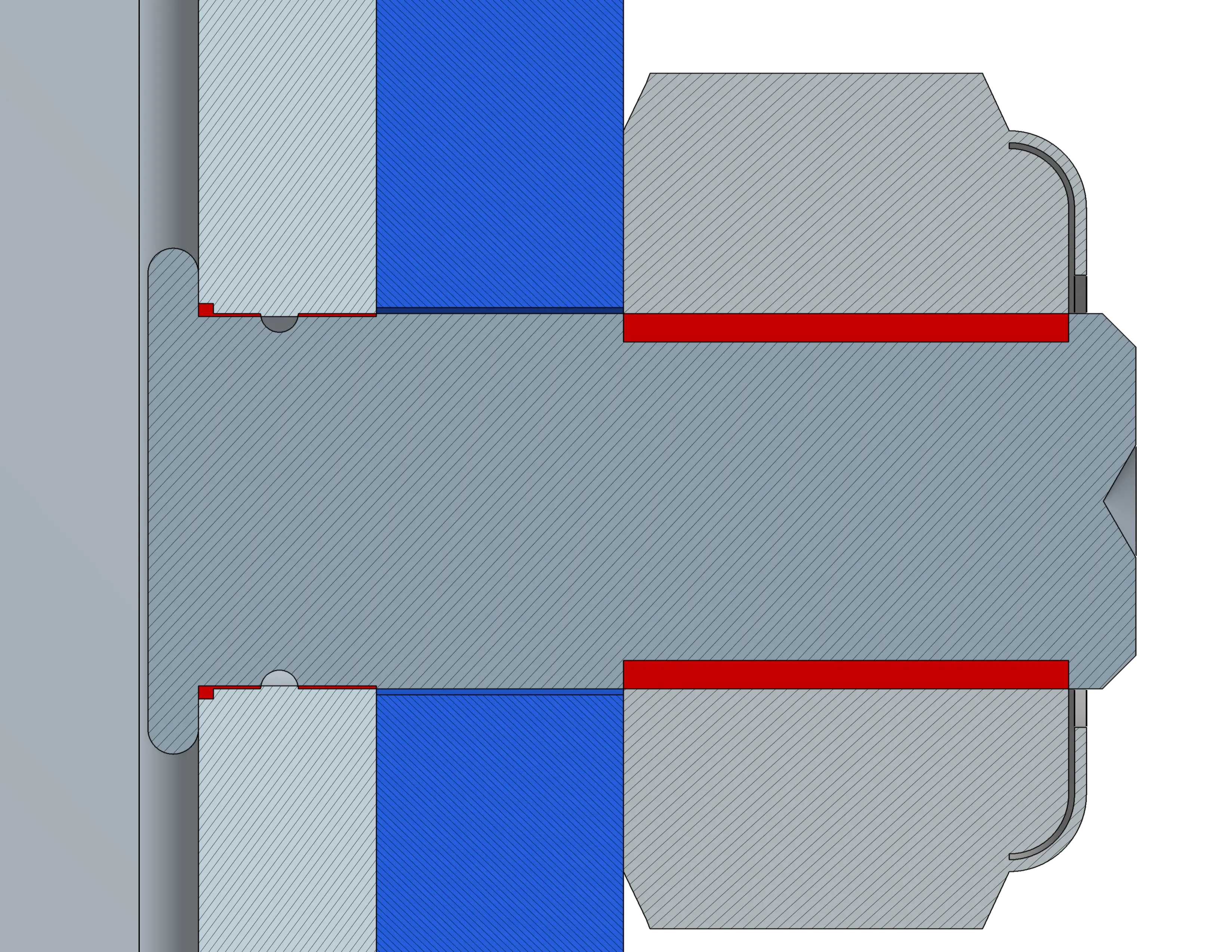 Cross-section CAD diagram of a press-fit stud fastener protruding through sheet metal, highlighted in red