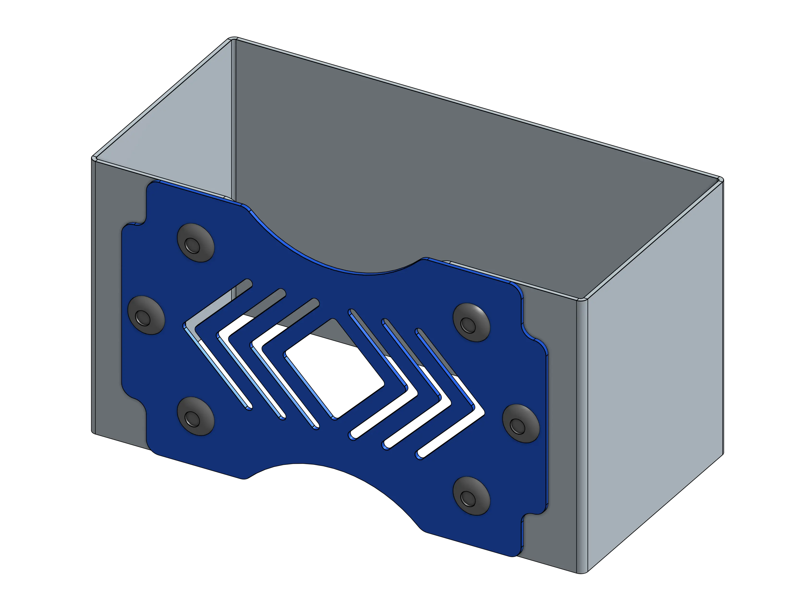 CAD rendering of a sheet metal bracket with six press-fit stud fasteners and a zigzag cutout pattern