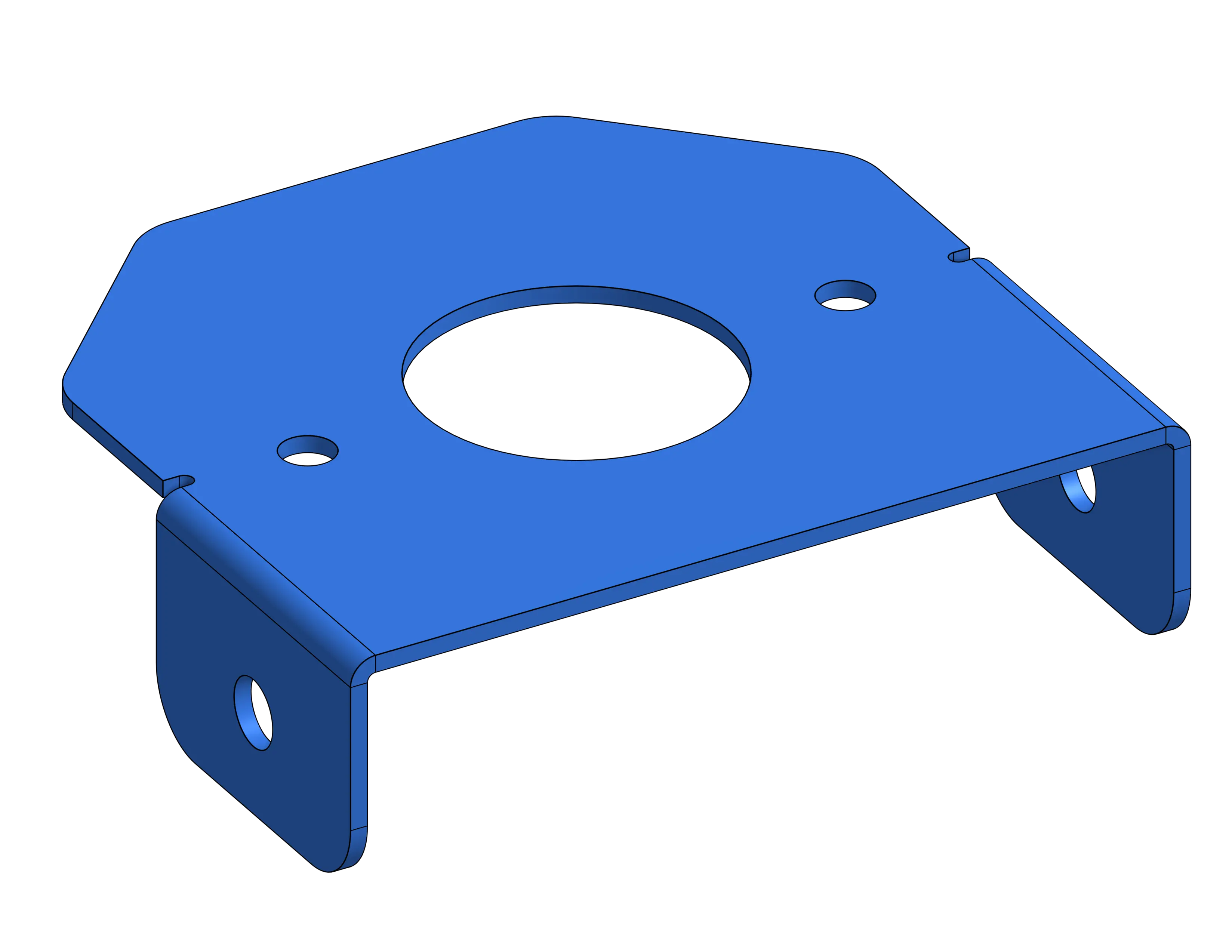 CAD rendering of a blue sheet metal bracket with mounting holes and a center bore, before PEM hardware is added