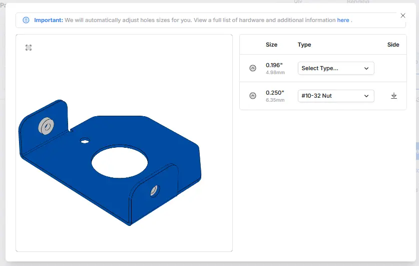 Fabworks hardware configuration interface with a #10-32 PEM nut type selected