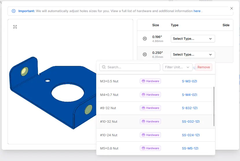 Fabworks hardware configuration interface with a dropdown list of PEM nut options