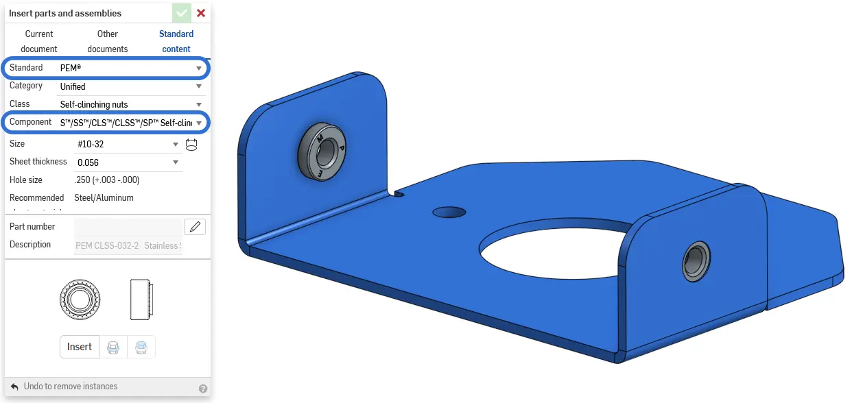 Onshape Standard Content panel with PEM selected to insert a self-clinching nut into the bracket