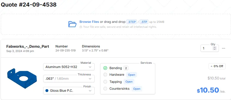 Fabworks quote screenshot for a bent aluminum bracket part with bending service selected