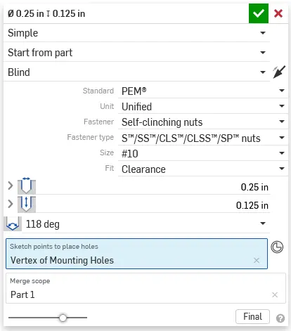 Onshape hole tool dialog with the PEM self-clinching nut hole preset selected