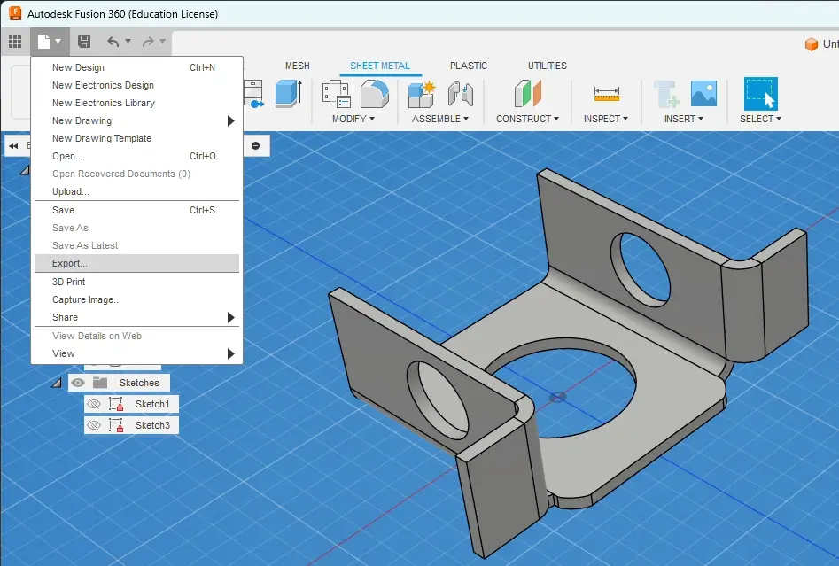 Fusion 360 File menu with Export highlighted