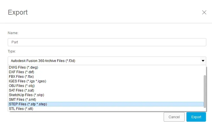 Fusion 360 Export dialog with STEP Files selected as the export type