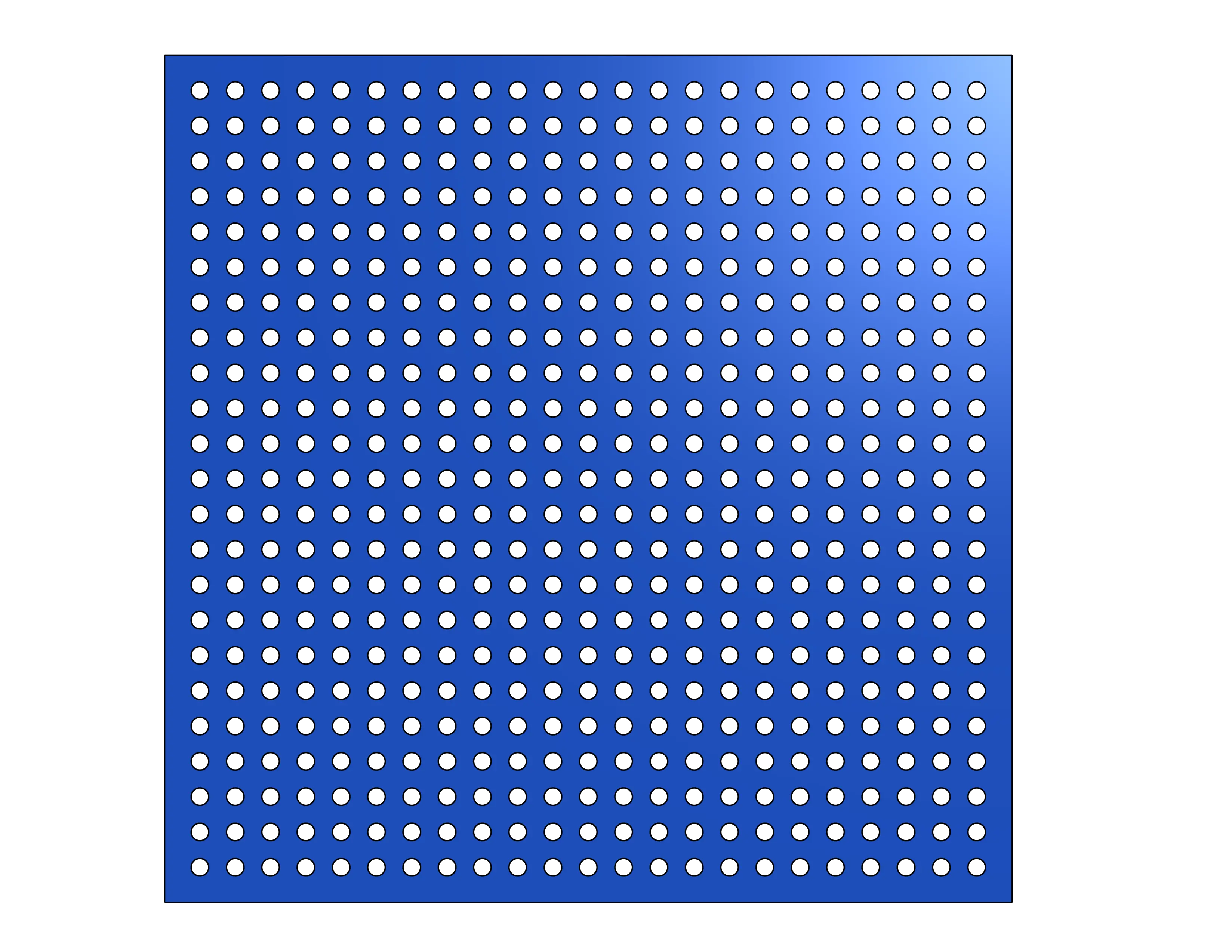 Grid of many individual round holes in a blue sheet metal part