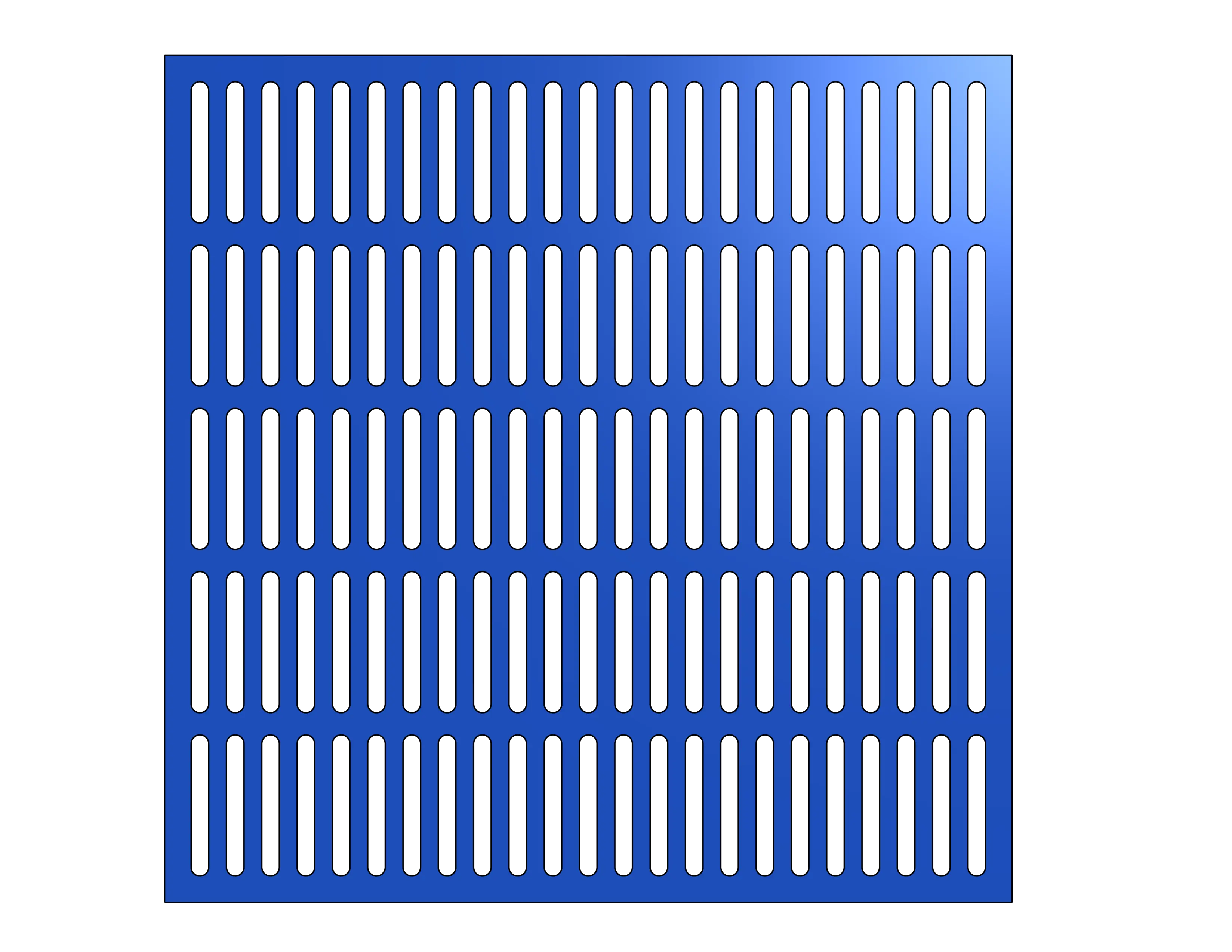 Grid of combined vertical slots in a blue sheet metal part