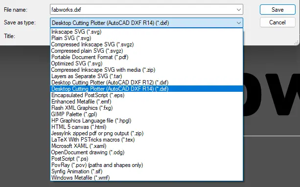Inkscape Save As dialog with the DXF cutting plotter format selected