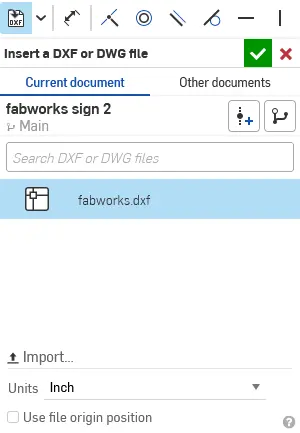 Onshape panel for inserting the fabworks DXF file into a new sketch