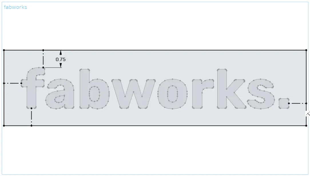Onshape sketch of the imported fabworks text outline with a 0.75 inch dimension