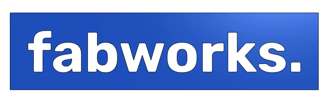 Rendered blue sign with white cutout fabworks lettering